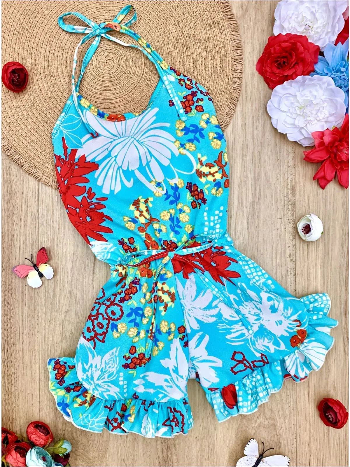 Girls Floral Halter Drawstring Waist Ruffled Hem Romper