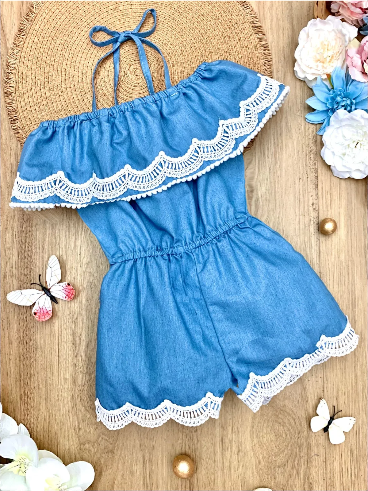 Girls Lace Chambray Cold Shoulder Ruffle Romper