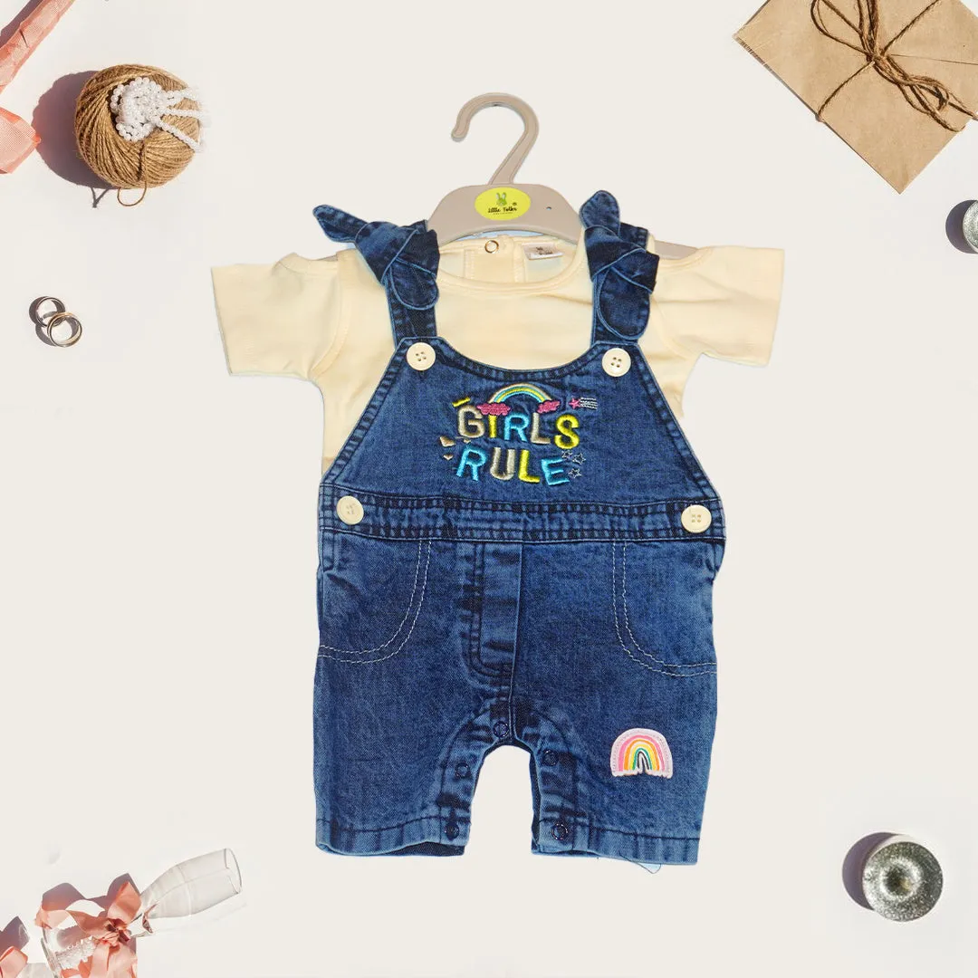 Girls Off-White T-Shirt and Denim Dungaree Overall Set