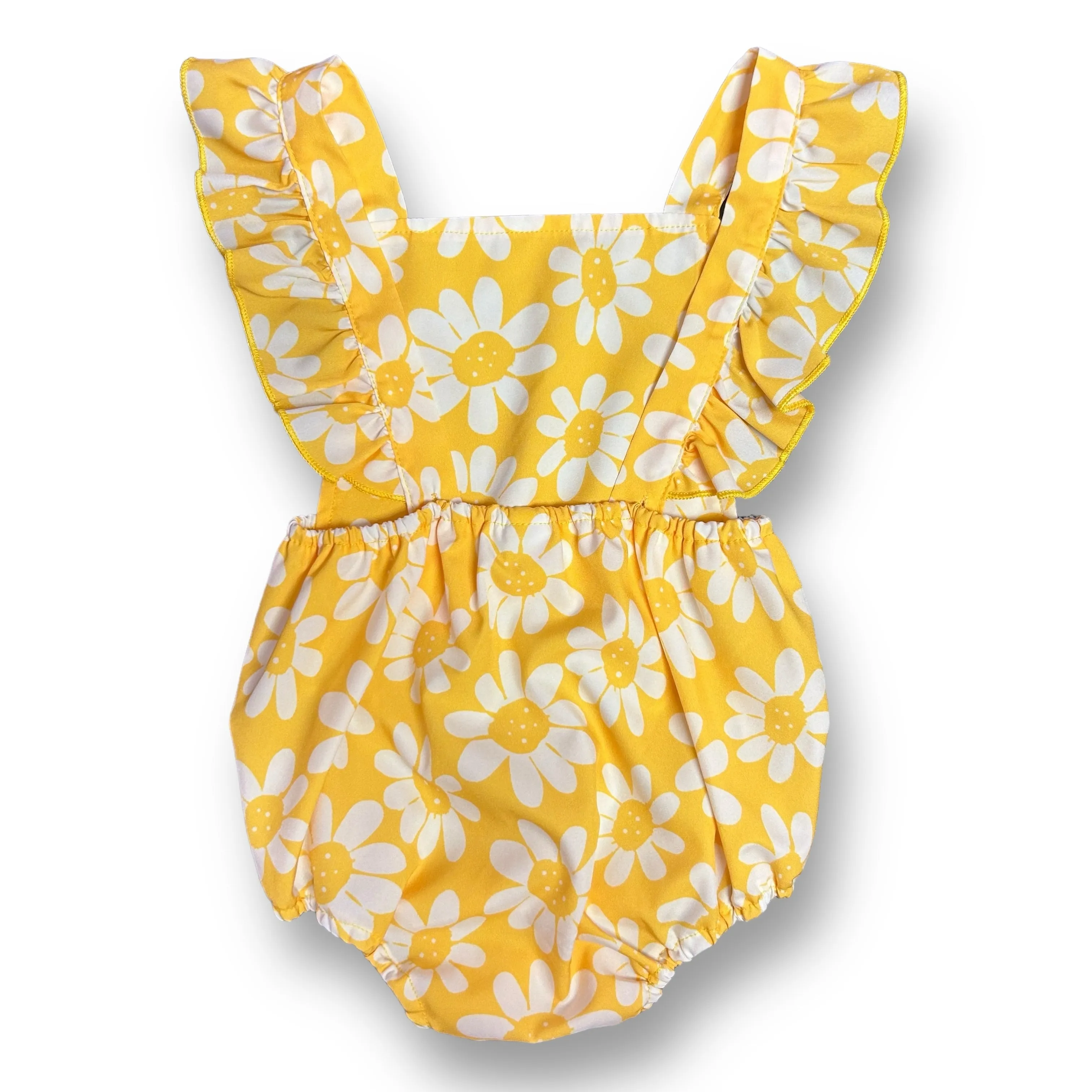 Girls Size 18-24 Months Yellow Daisies Silky Ruffle Romper