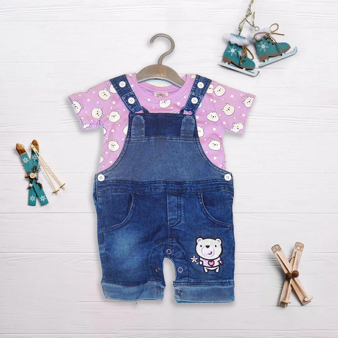 Girs Lavender Printed Tee and Denim Dungaree Set