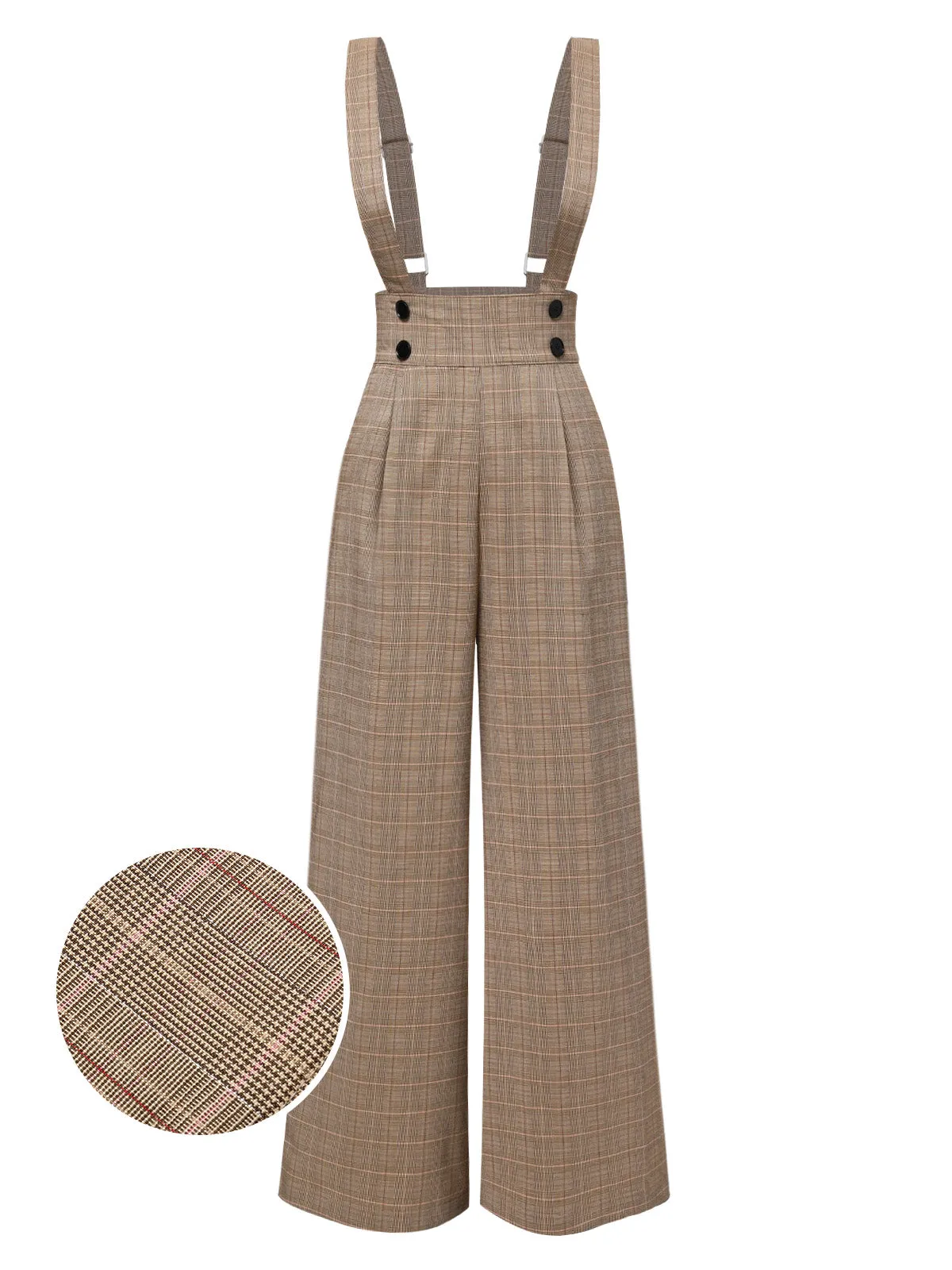 Gray 1940s Glen Plaid Buttoned Overall Pants