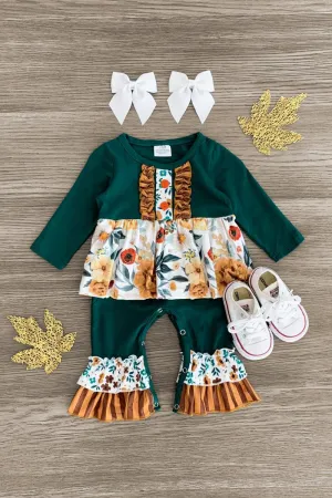 Green Floral Striped Romper