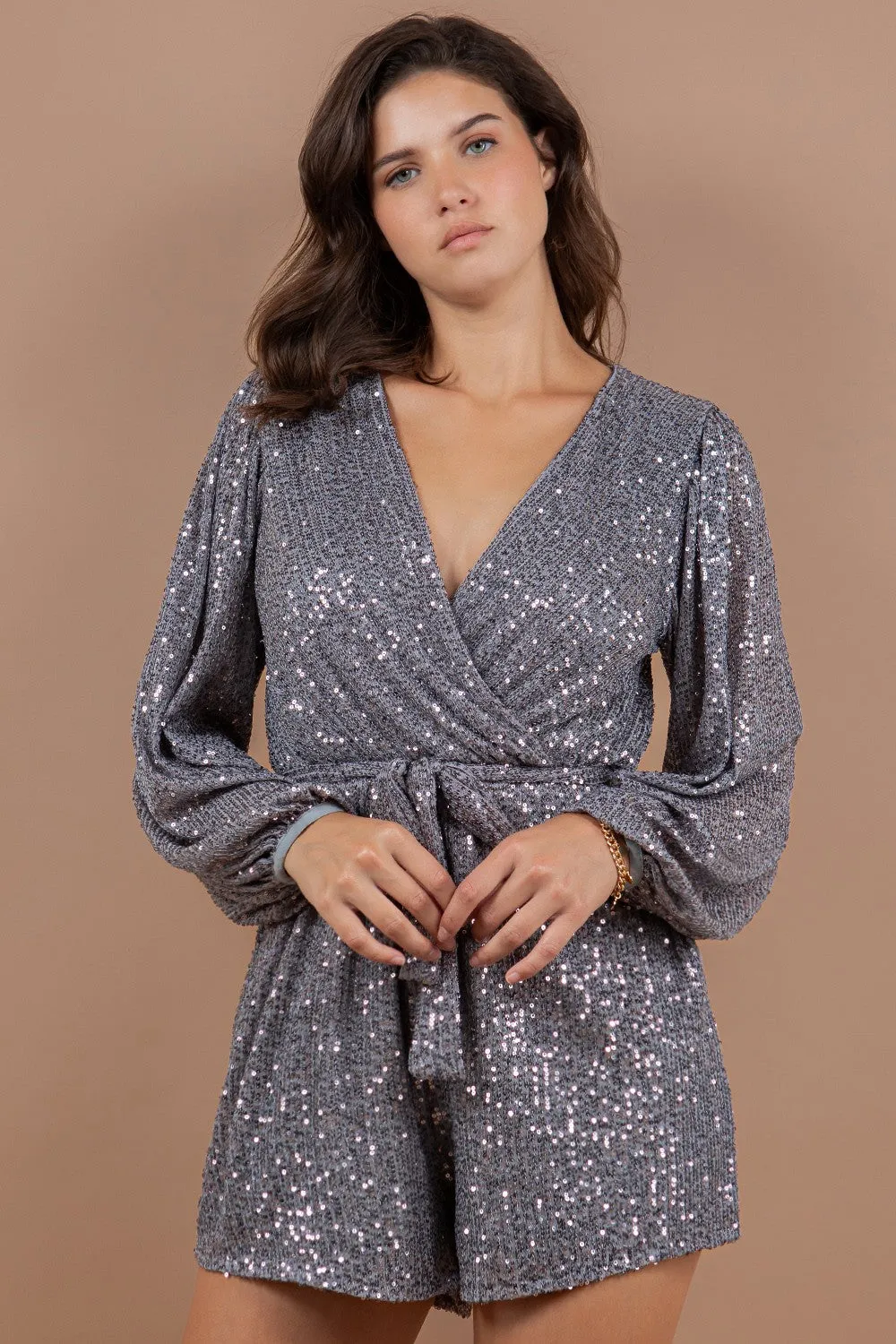 Grey Stedy Selling Fabulous Sequin Surplice Romper