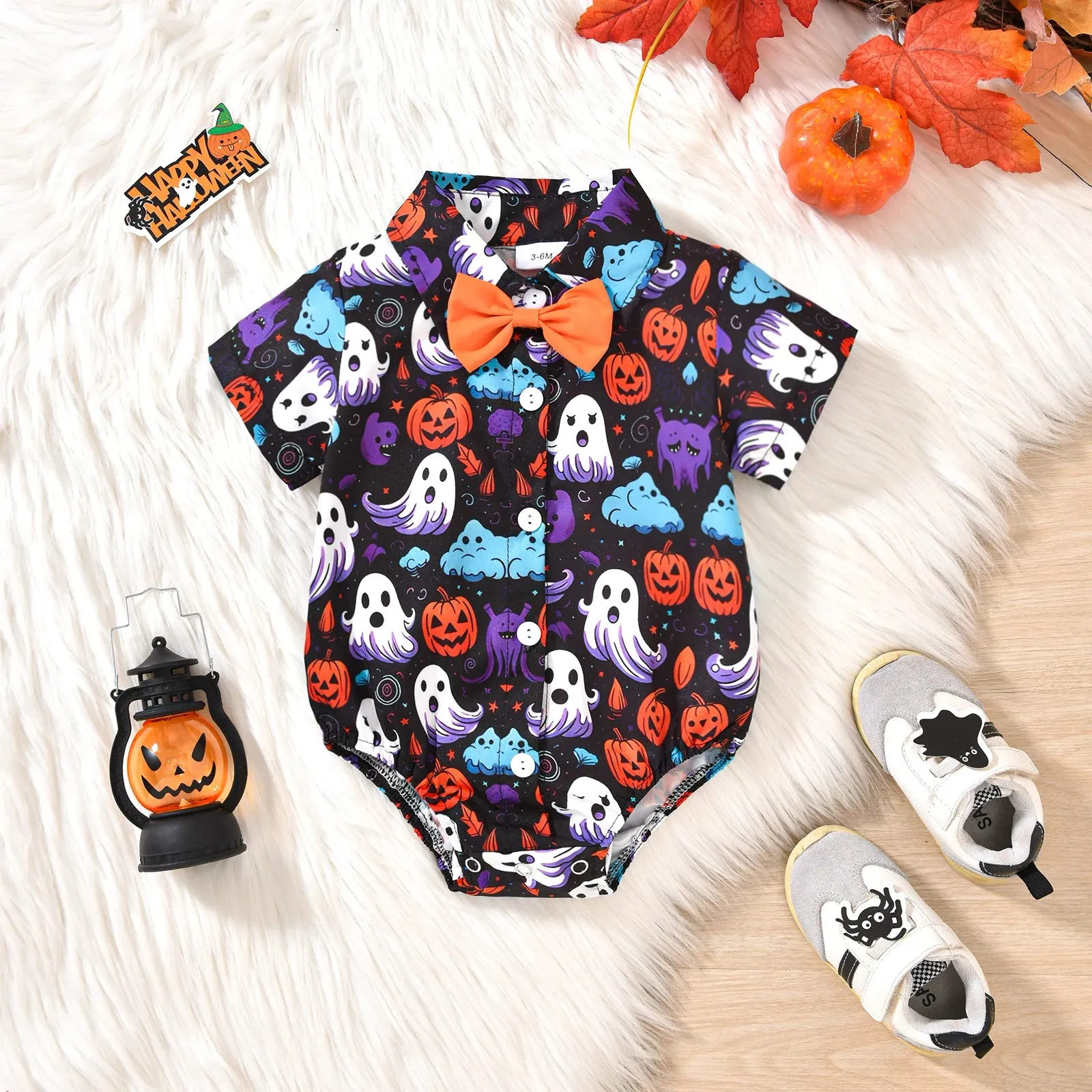 Halloween Toddler Infant Newborn Baby Boy Romper Pumpkin Ghost Print Jumpsuit Little Gentleman Costumes Clothing 3-18M