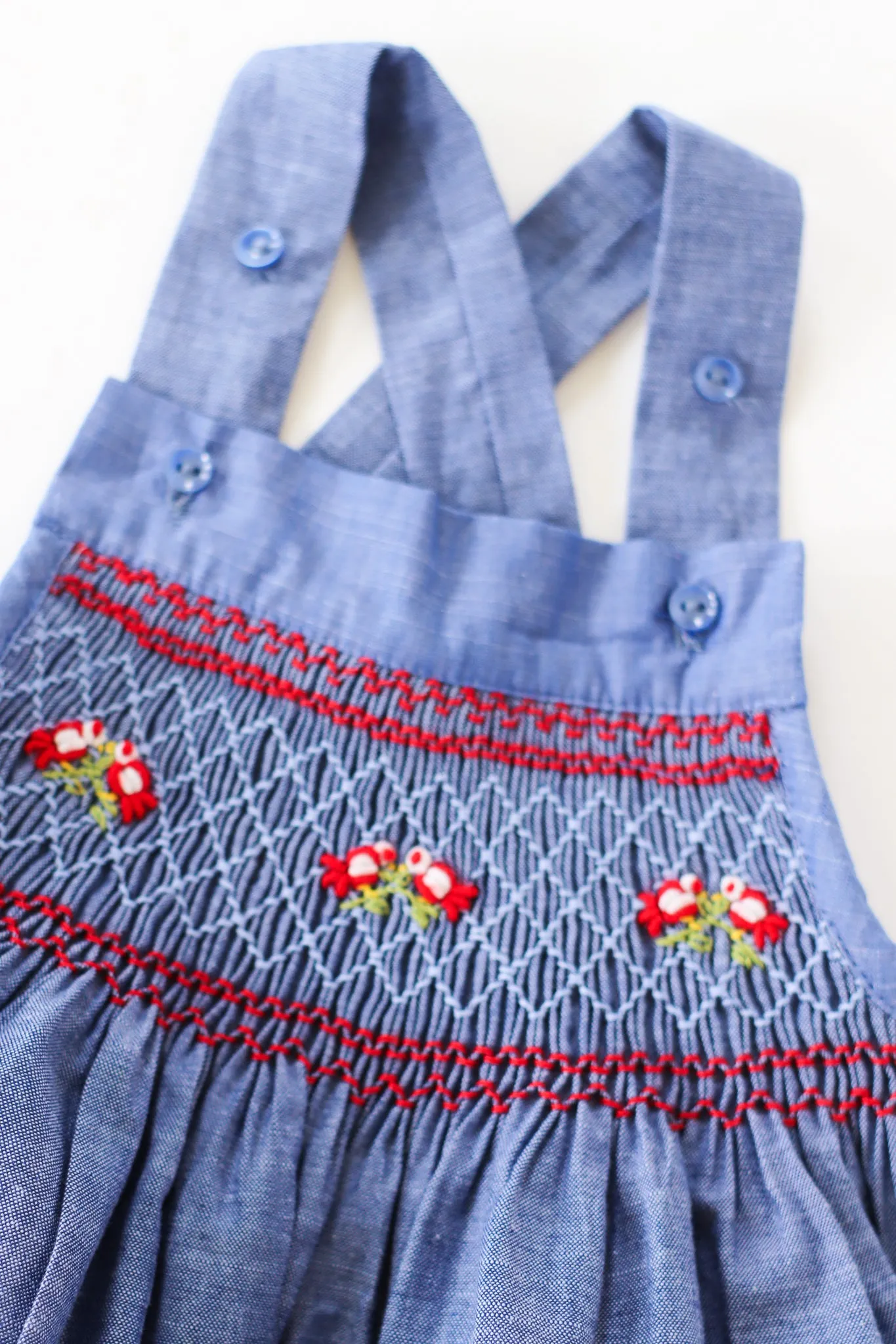 Hand-Smocked Romper Chambray, Red Birds