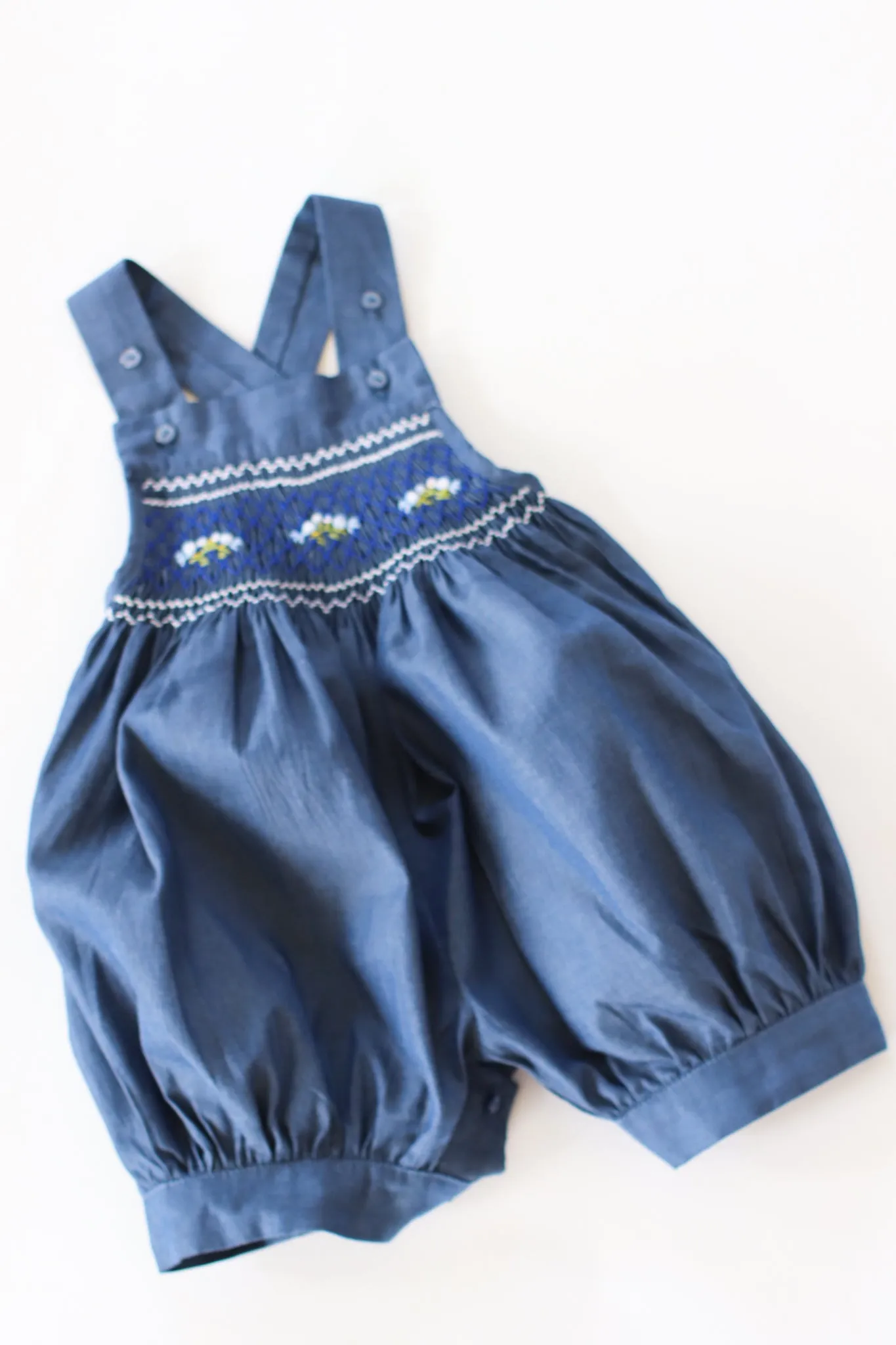 Hand-Smocked Romper Dark Chambray, Blue Birds