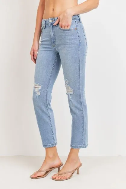 HIGH RISE STRAIGHT JEANS WITH DISTRESS