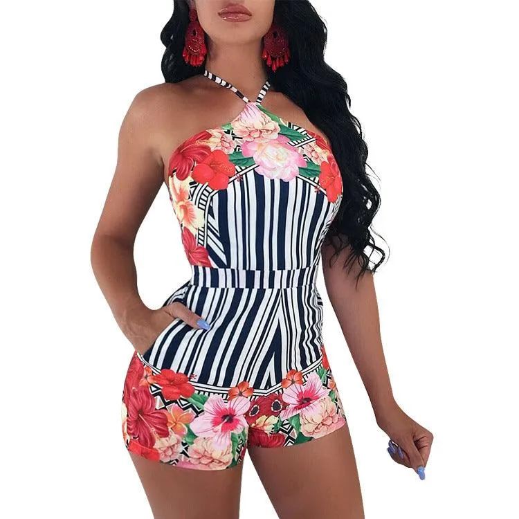 HOLLY’S HALTER FLORAL STRIPED ROMPER