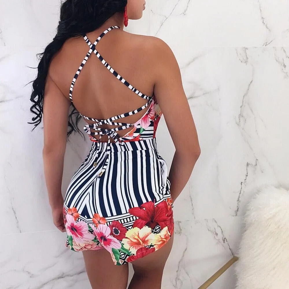 HOLLY’S HALTER FLORAL STRIPED ROMPER