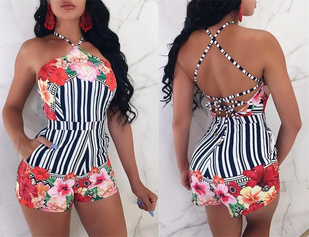 HOLLY’S HALTER FLORAL STRIPED ROMPER