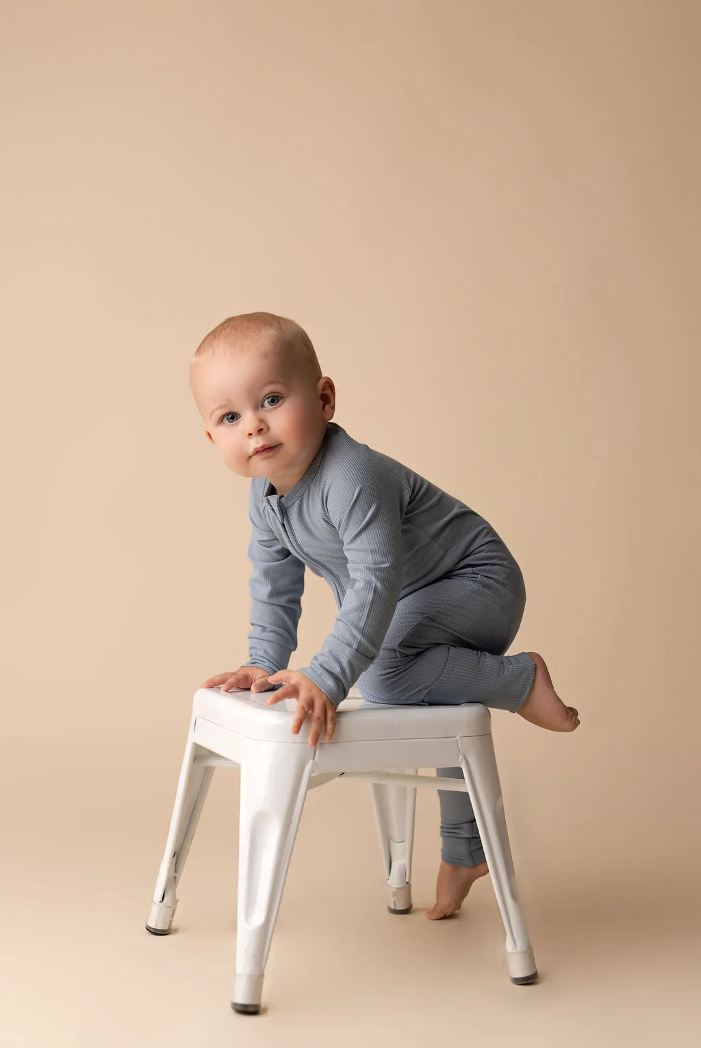 In My Jammers Solid Dusty Blue Ribbed Zipper Romper