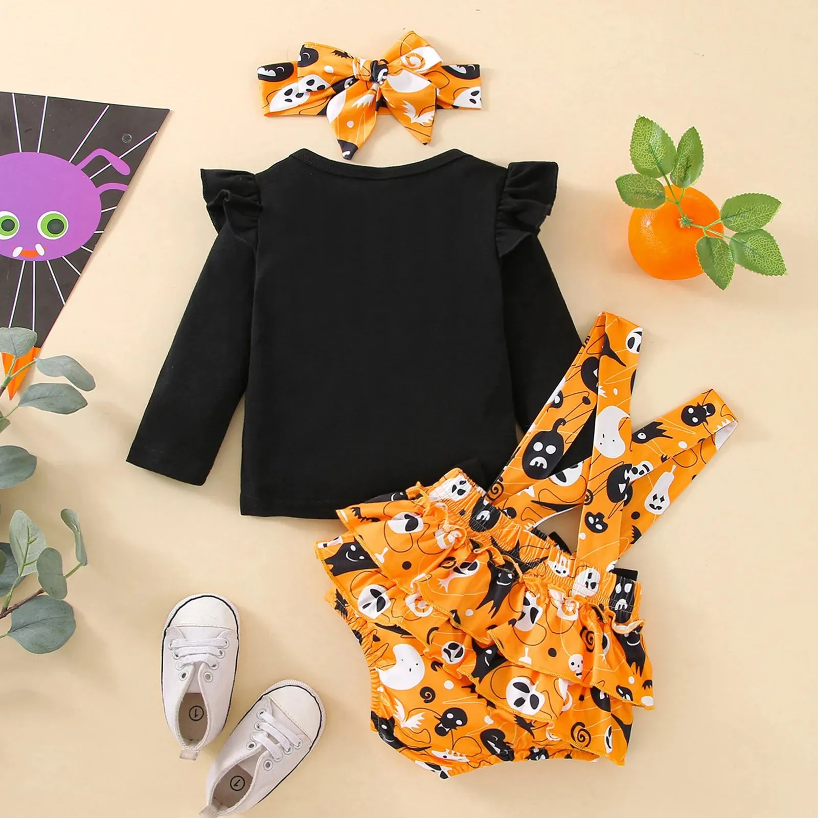 Infant Girls Clothes Sets Pumpkin Print Long Sleeve Tops Suspenders Shorts Headbands My First Halloween Costume 3pcs