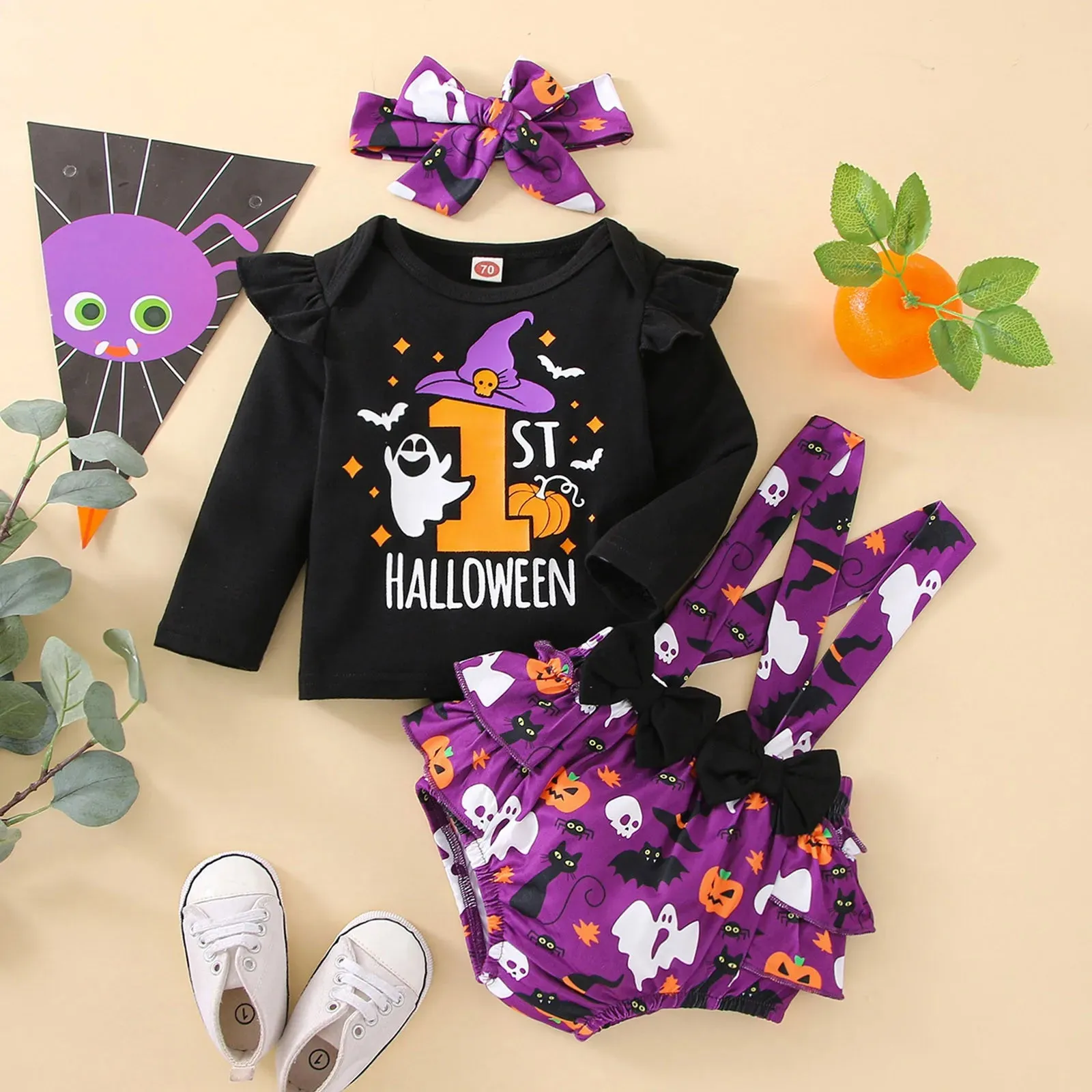 Infant Girls Clothes Sets Pumpkin Print Long Sleeve Tops Suspenders Shorts Headbands My First Halloween Costume 3pcs