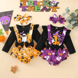 Infant Girls Clothes Sets Pumpkin Print Long Sleeve Tops Suspenders Shorts Headbands My First Halloween Costume 3pcs