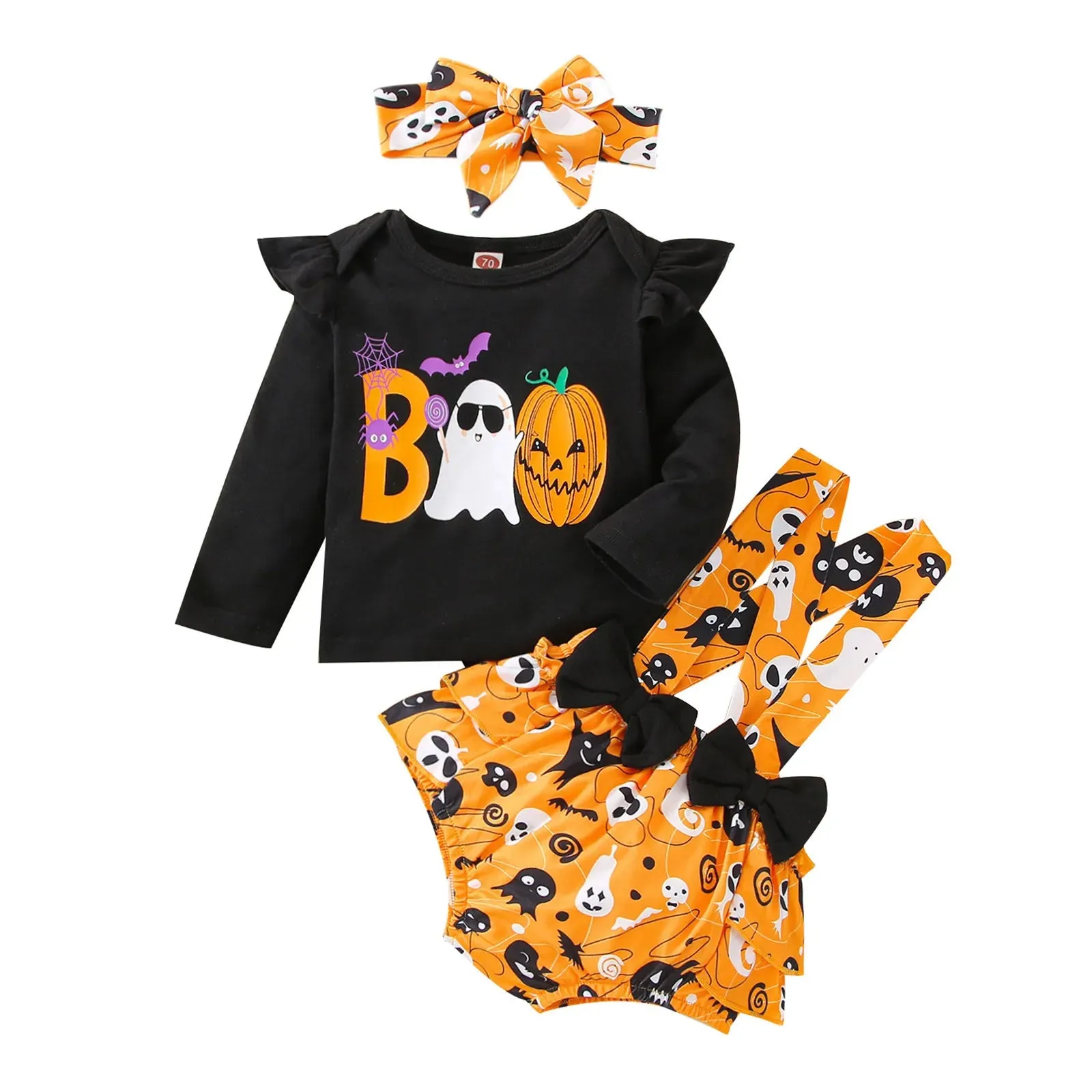 Infant Girls Clothes Sets Pumpkin Print Long Sleeve Tops Suspenders Shorts Headbands My First Halloween Costume 3pcs