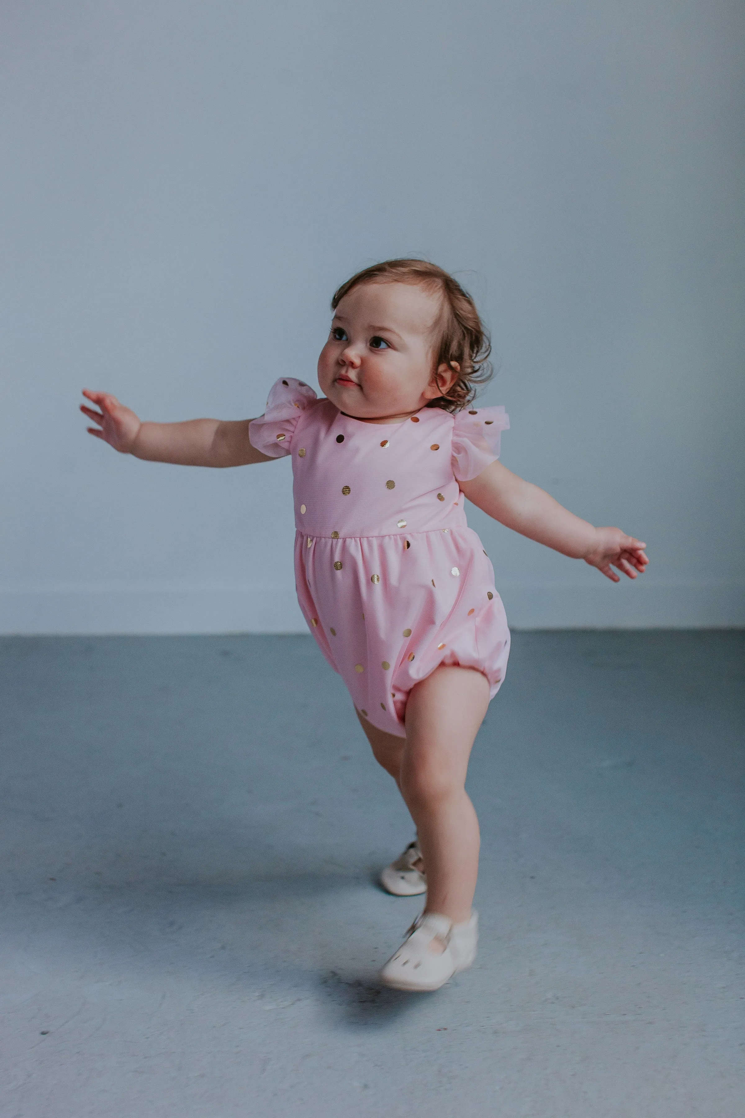 Infant Girl's Pink Tulle Romper with Gold Polka Dots