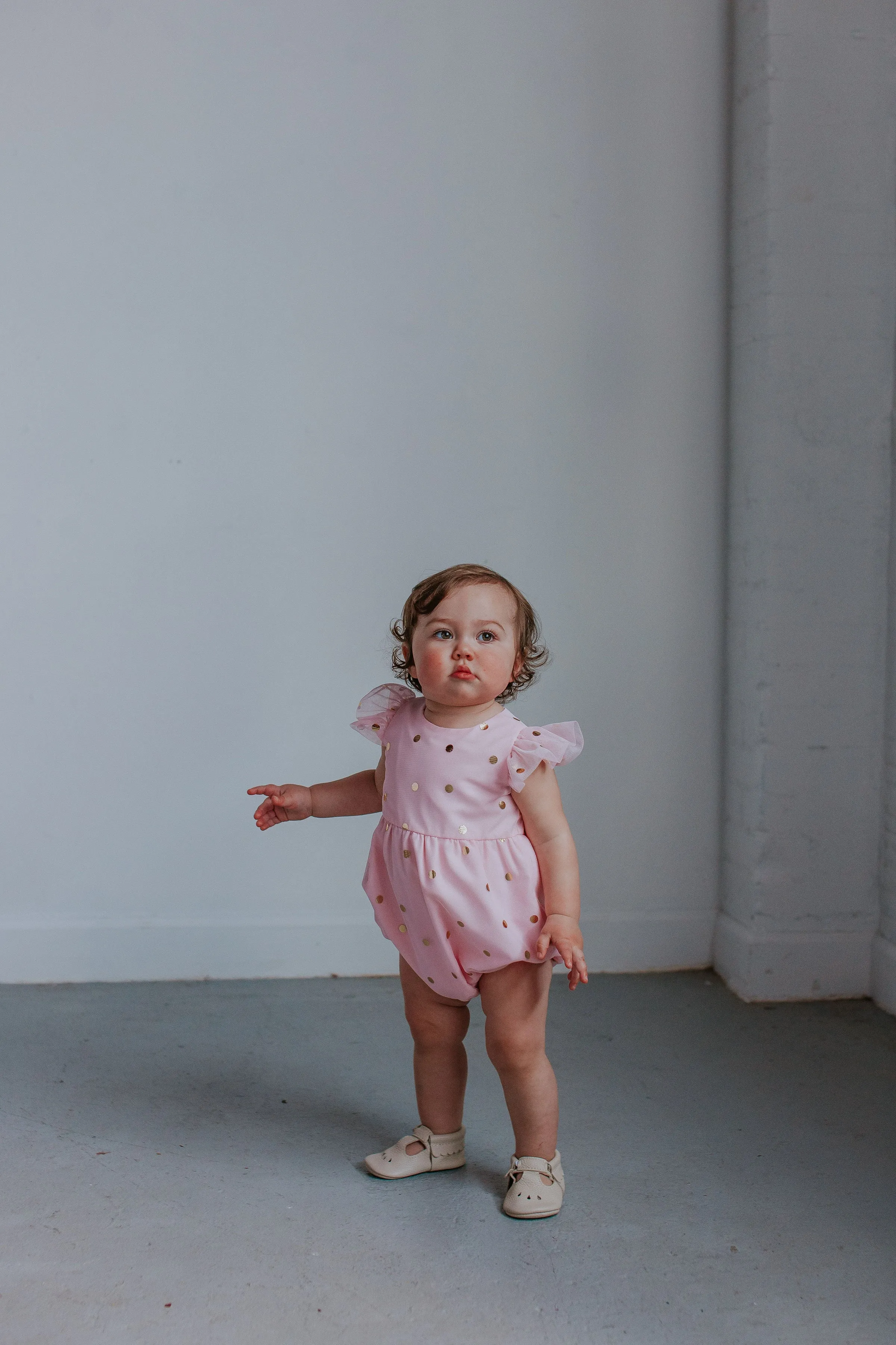 Infant Girl's Pink Tulle Romper with Gold Polka Dots