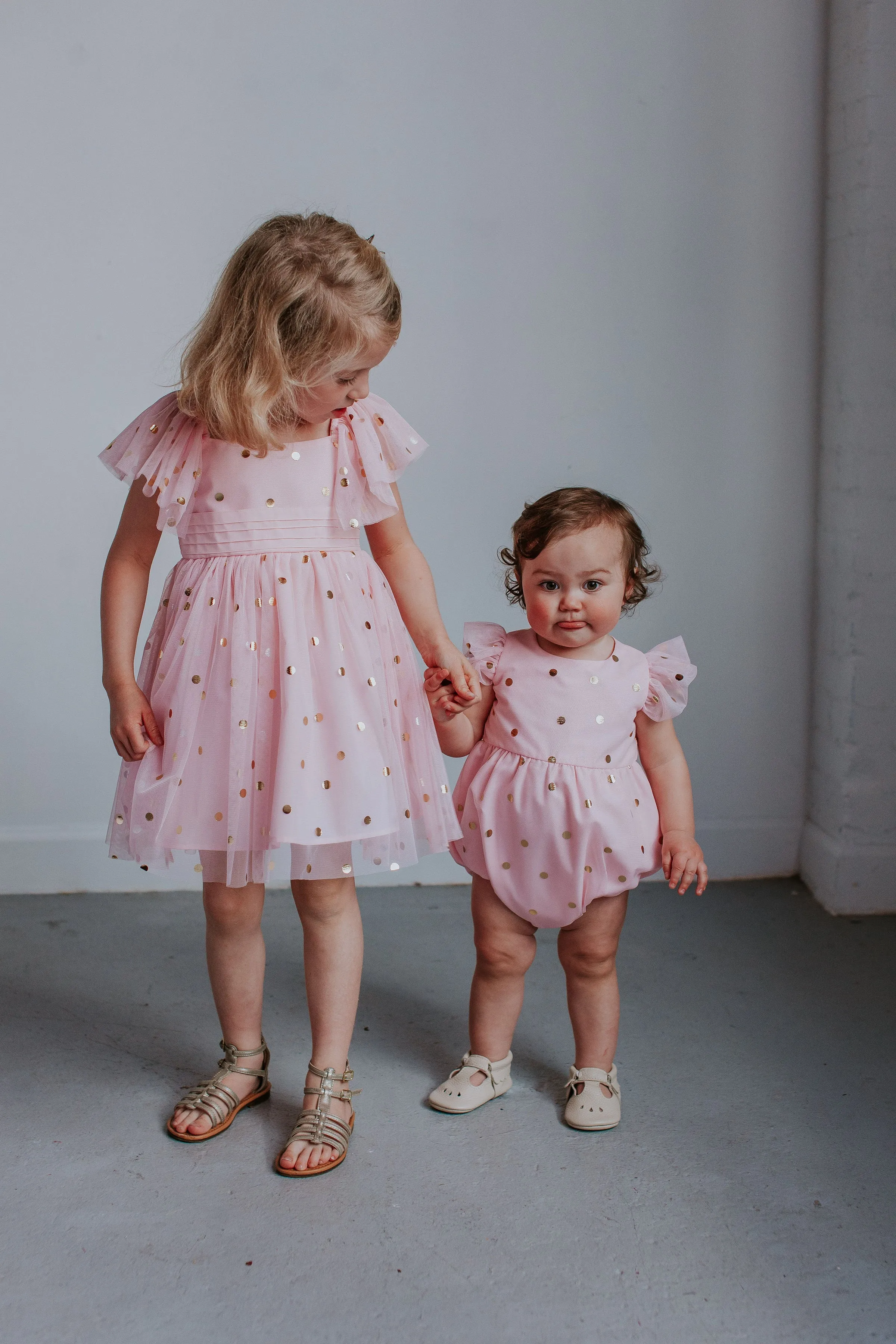 Infant Girl's Pink Tulle Romper with Gold Polka Dots