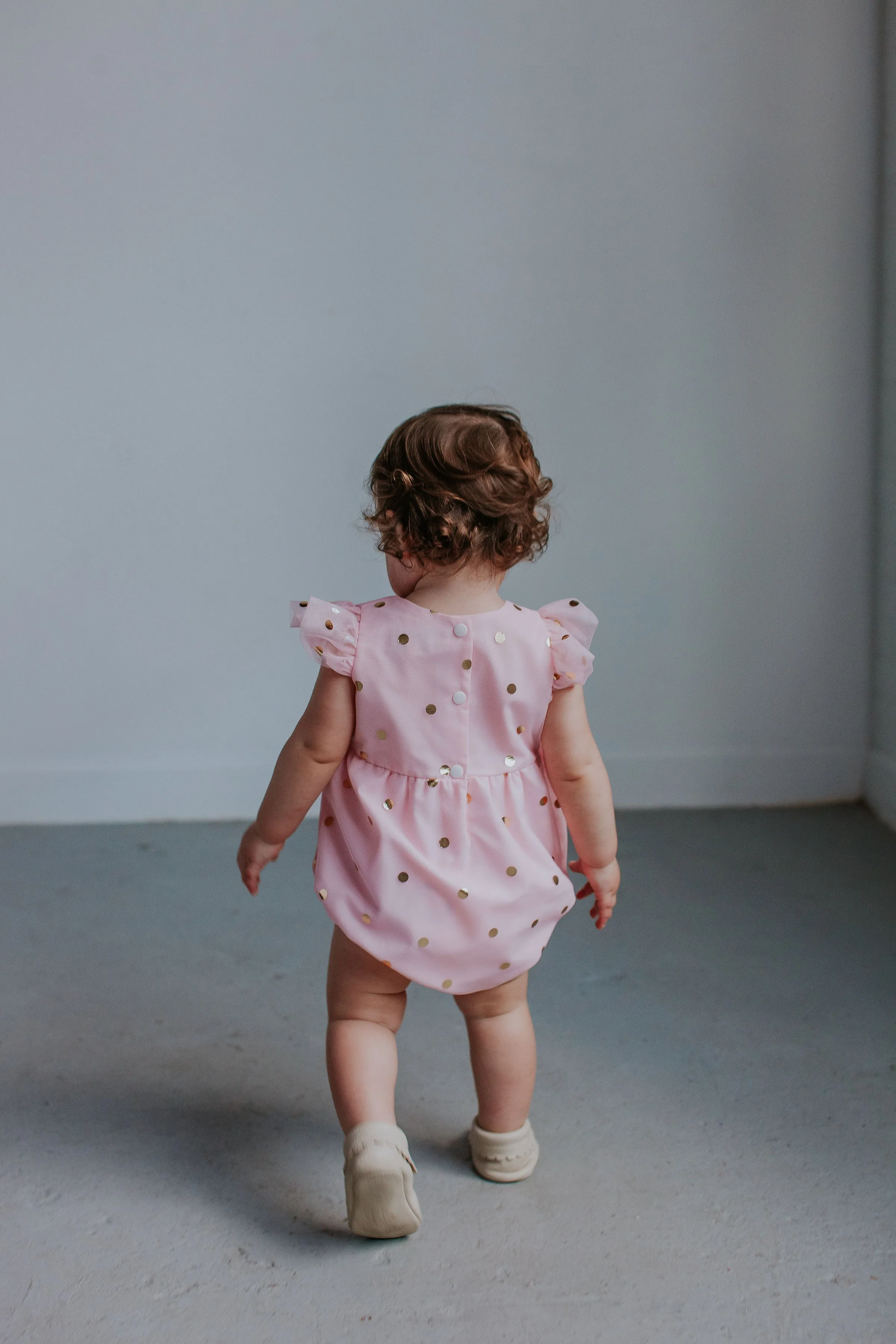 Infant Girl's Pink Tulle Romper with Gold Polka Dots