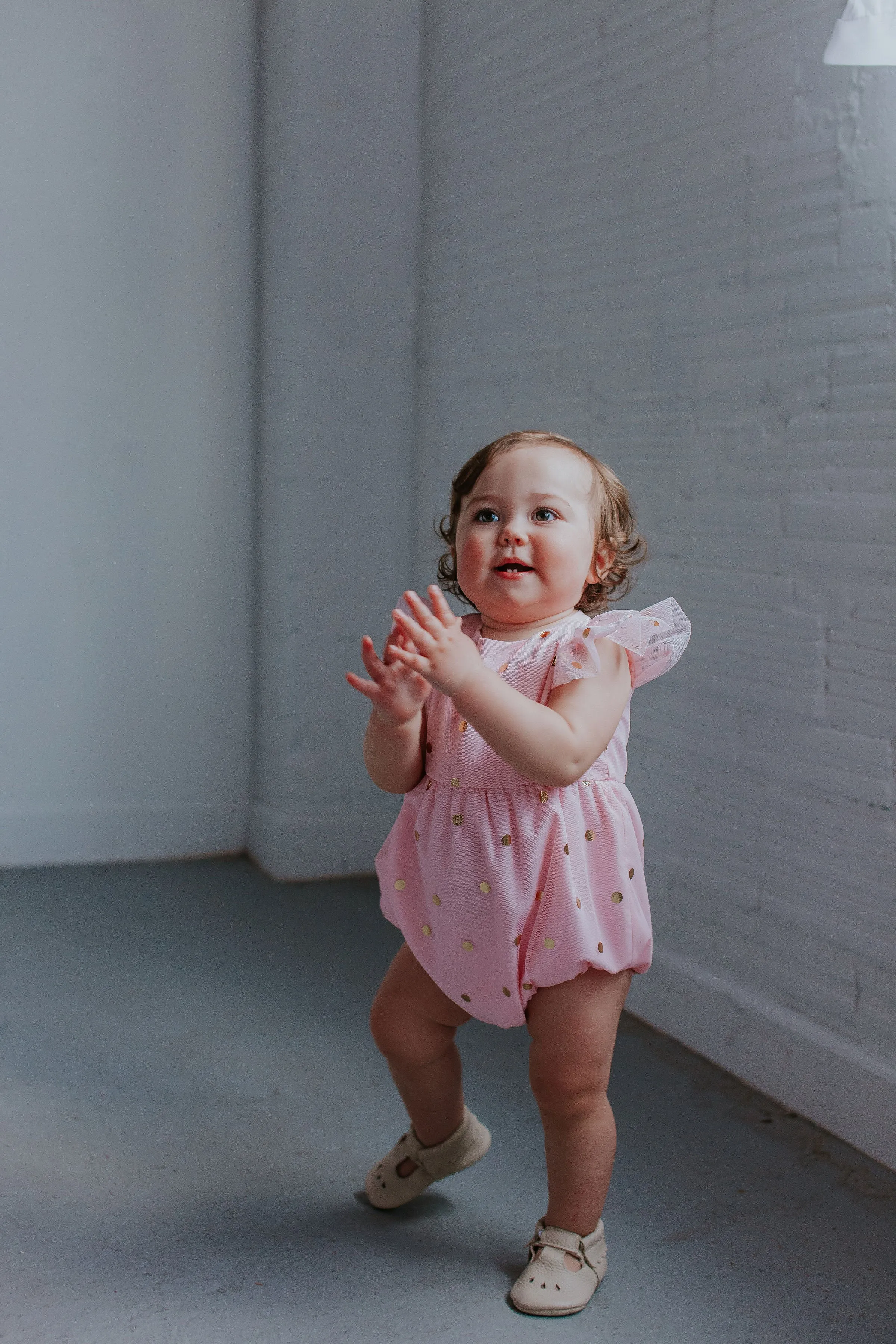 Infant Girl's Pink Tulle Romper with Gold Polka Dots