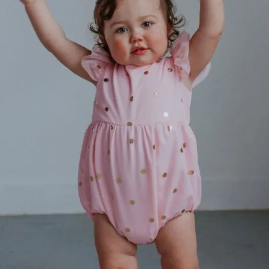 Infant Girl's Pink Tulle Romper with Gold Polka Dots