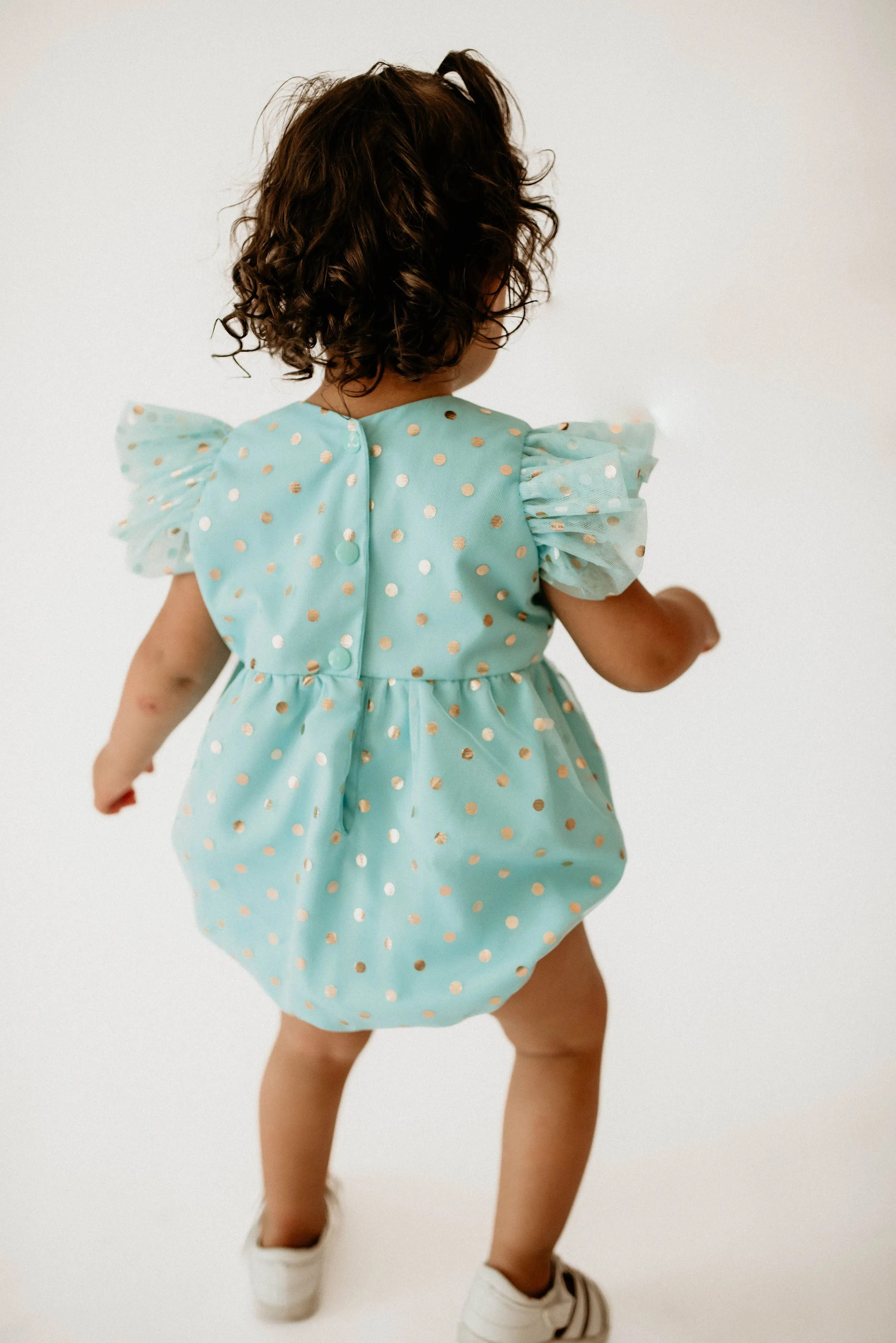 Infant Girl's Turquoise and Gold Polka Dot Tulle Bubble Romper