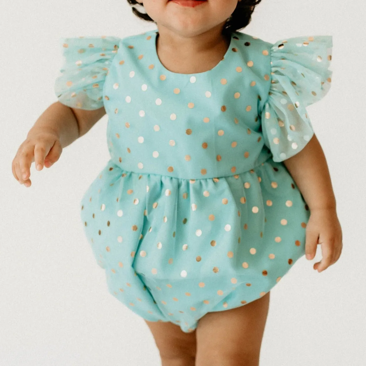 Infant Girl's Turquoise and Gold Polka Dot Tulle Bubble Romper