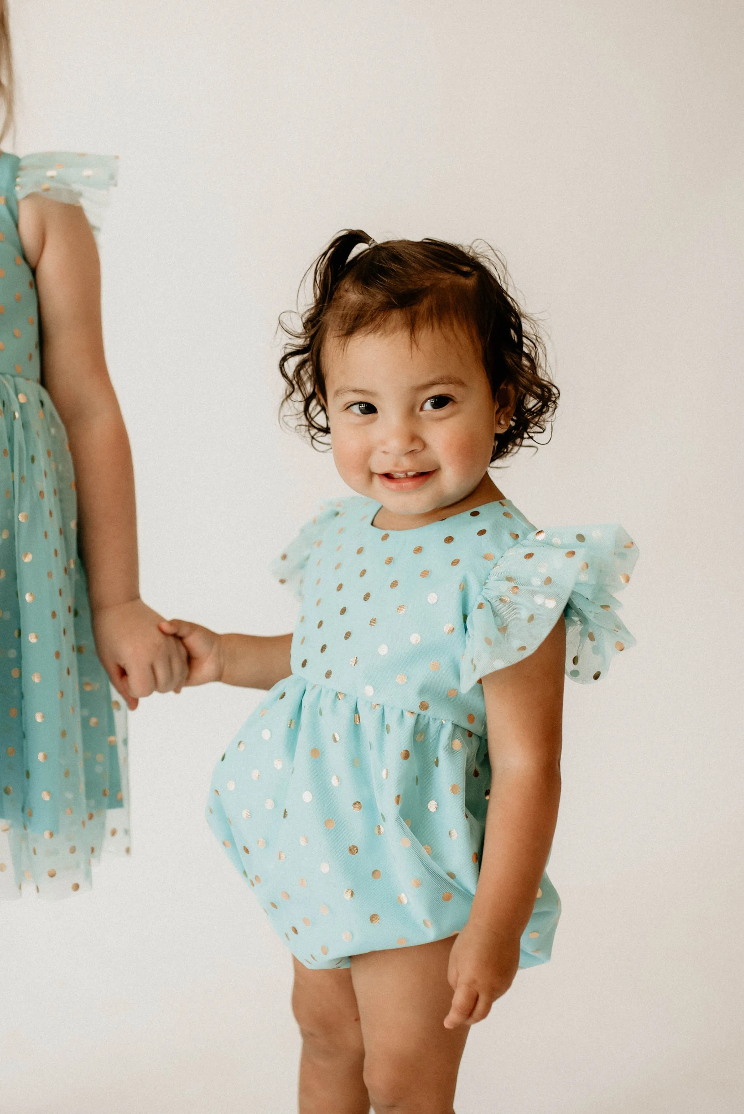 Infant Girl's Turquoise and Gold Polka Dot Tulle Bubble Romper