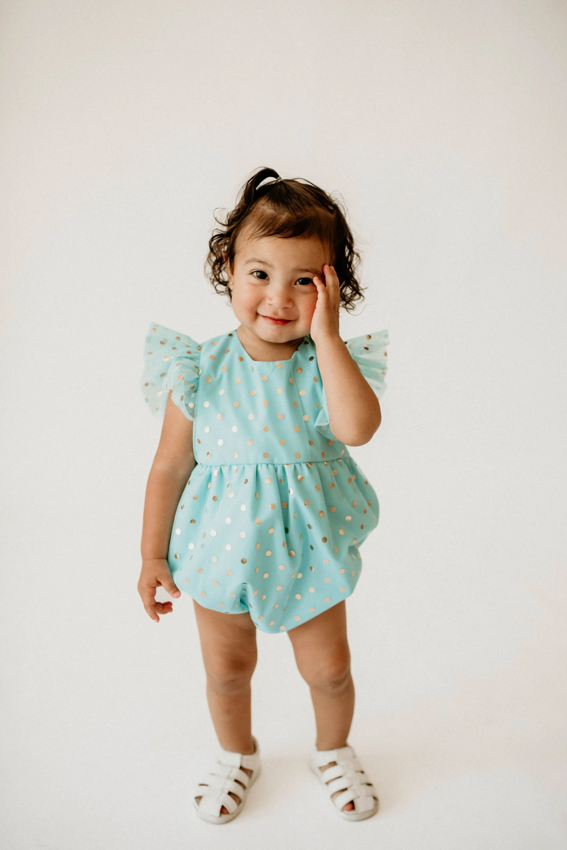 Infant Girl's Turquoise and Gold Polka Dot Tulle Bubble Romper