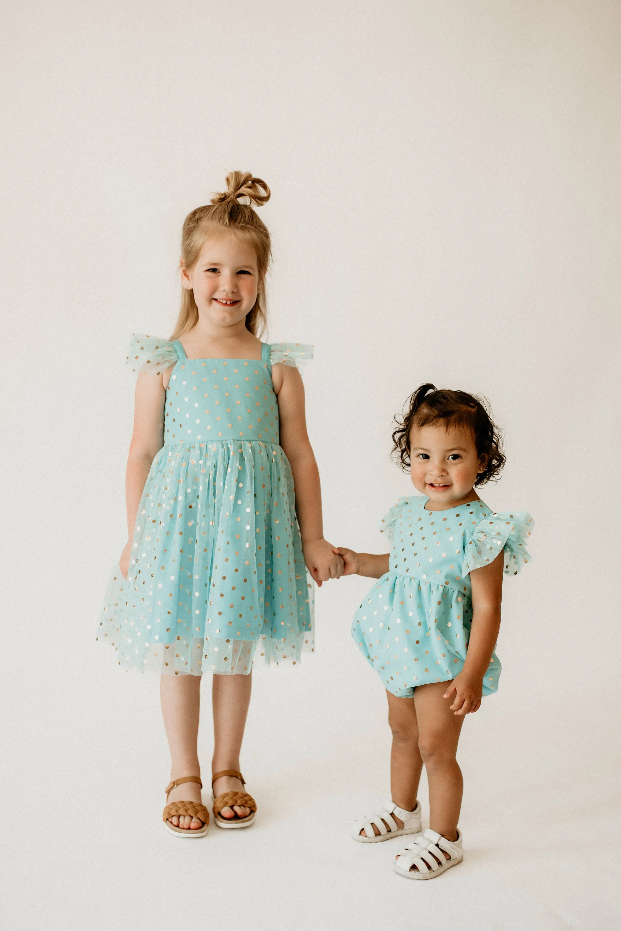 Infant Girl's Turquoise and Gold Polka Dot Tulle Bubble Romper