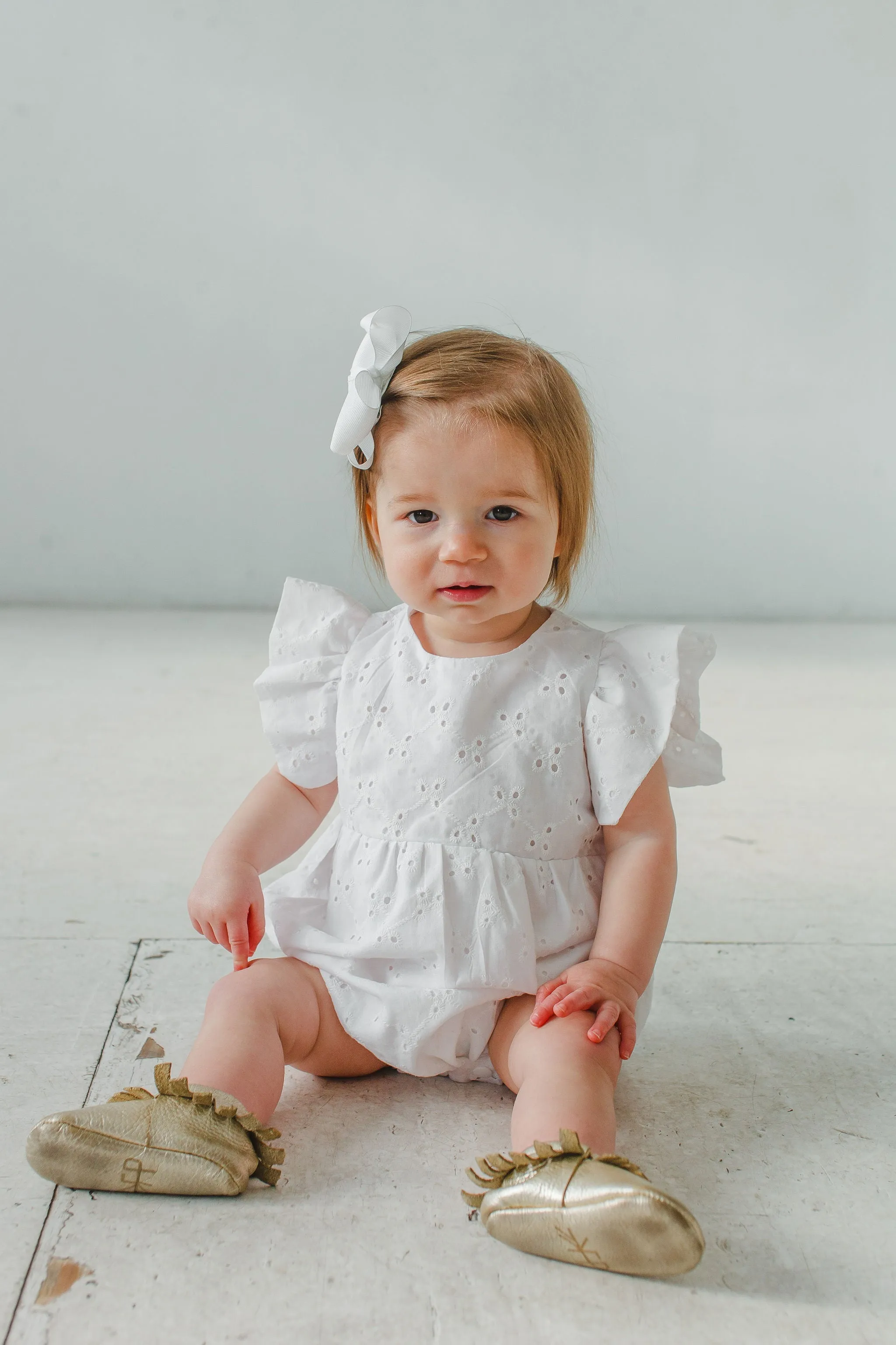 Infant Girl's White Eyelet Ruffle Sleeve Romper