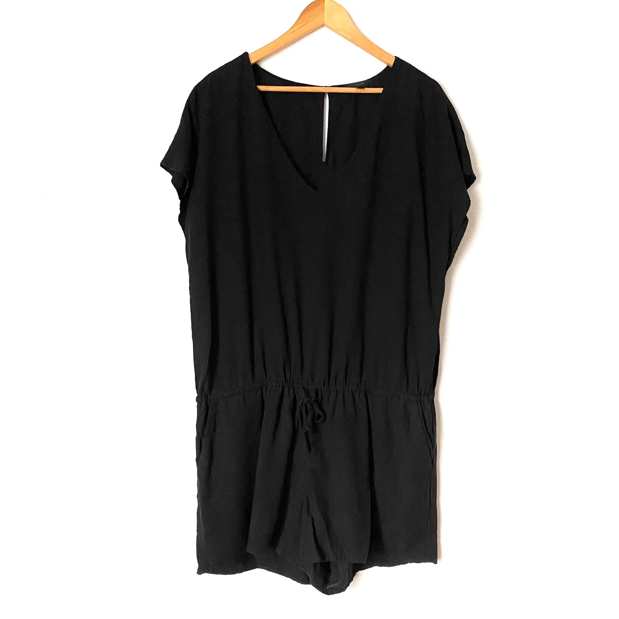 J Crew Black Drawstring Romper with Back Key Hole- Size L