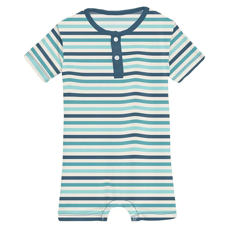 Kickee Pants Print Short Sleeve Henley Romper - Cruisin' Stripe