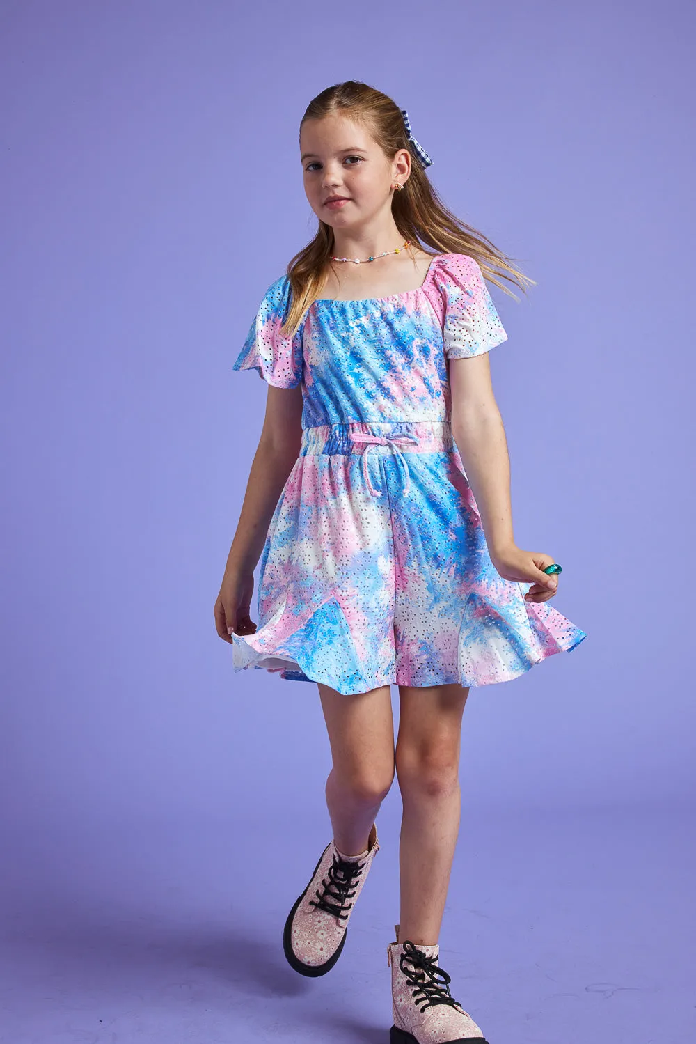 Kids Blue Tie Dye Eyelet Romper