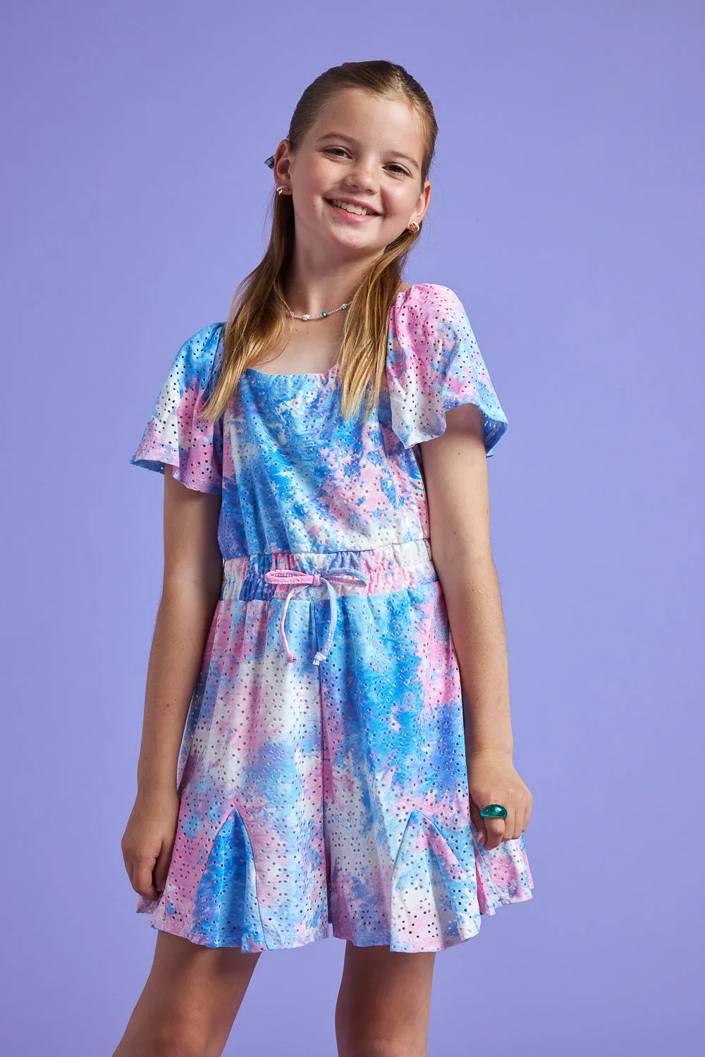 Kids Blue Tie Dye Eyelet Romper