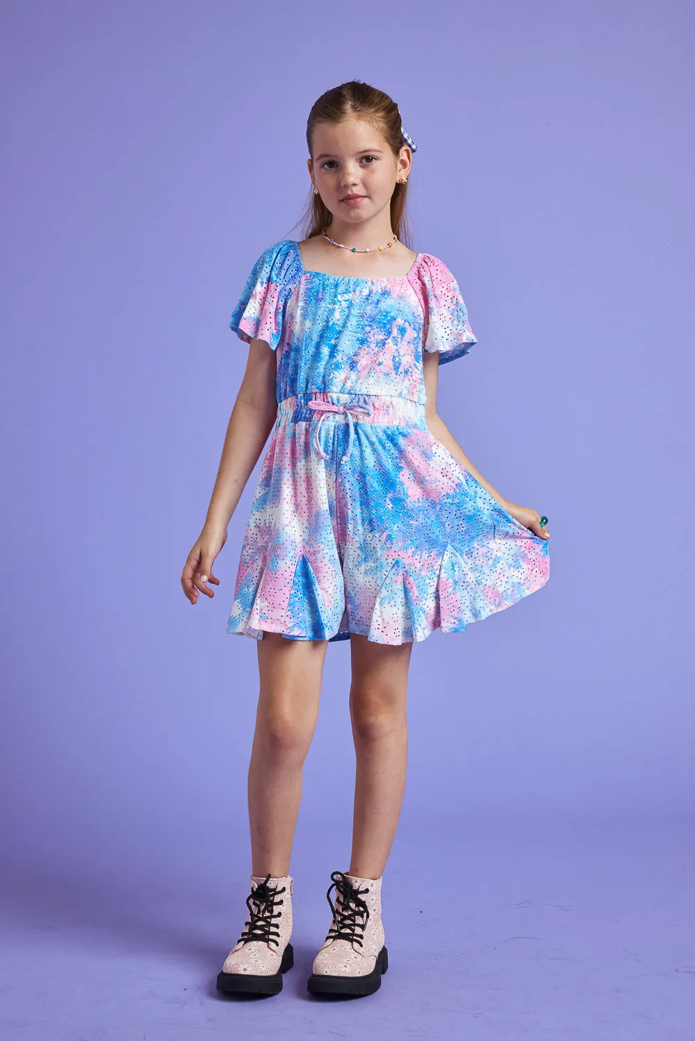 Kids Blue Tie Dye Eyelet Romper