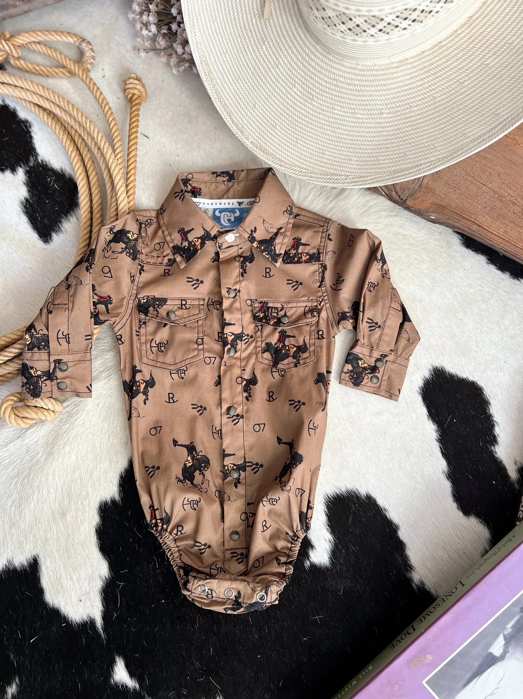 Kid's Vintage Bronc Brown Long Sleeve Romper