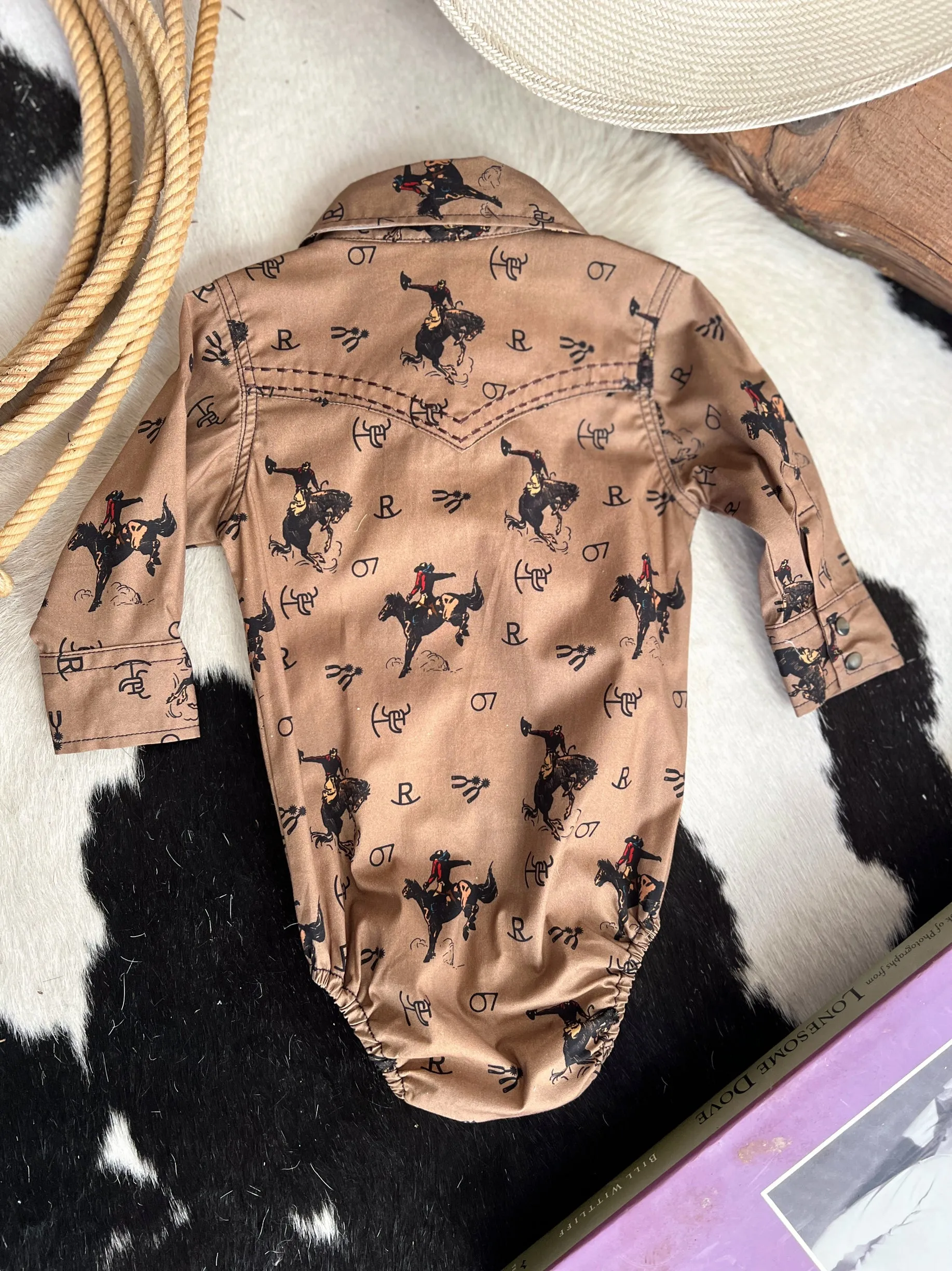 Kid's Vintage Bronc Brown Long Sleeve Romper