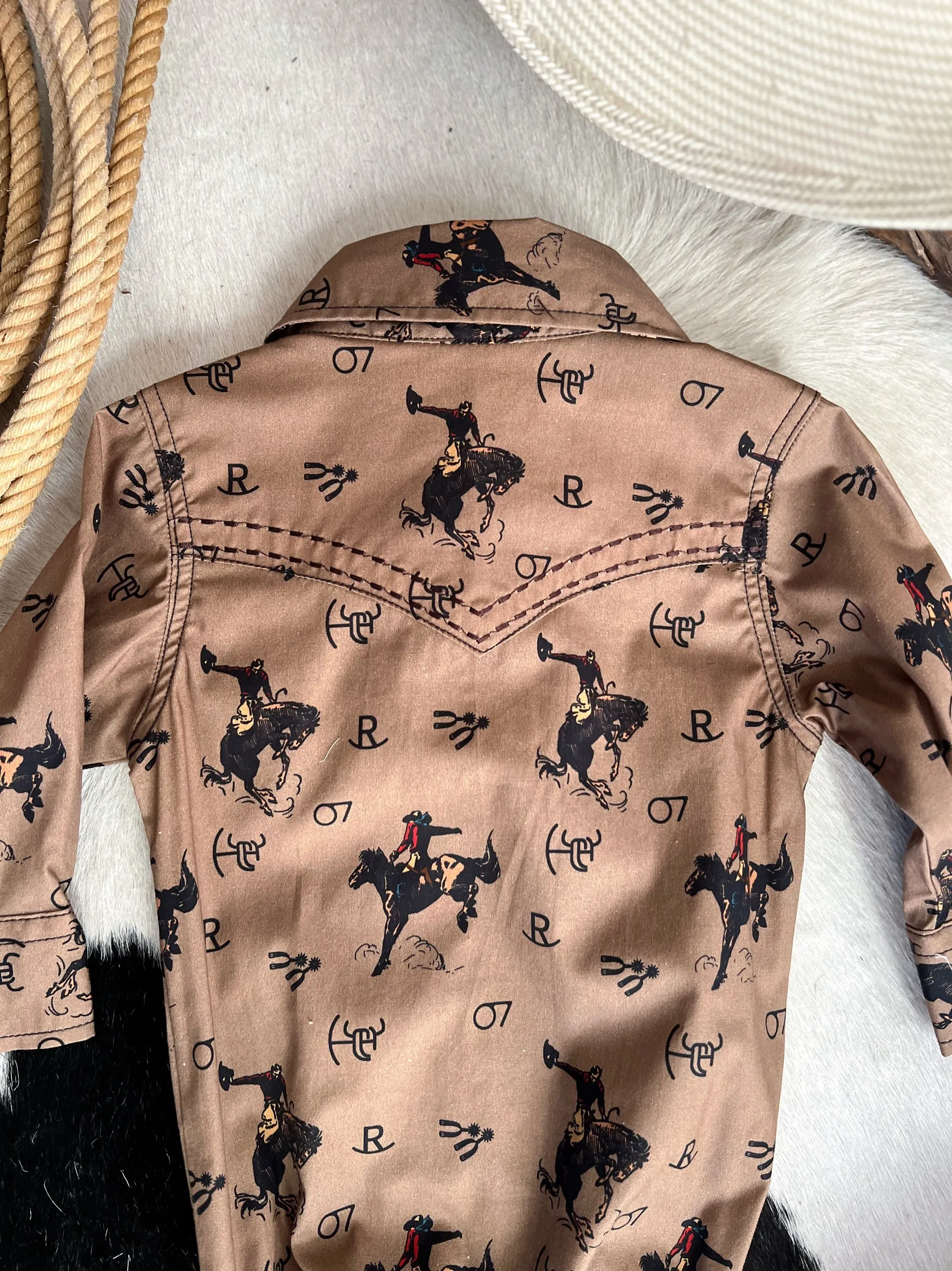 Kid's Vintage Bronc Brown Long Sleeve Romper