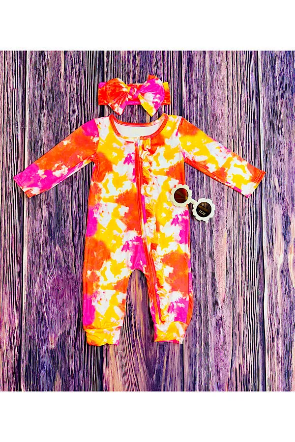 LC009 Orange & yellow tie dye baby romper w/matching headband