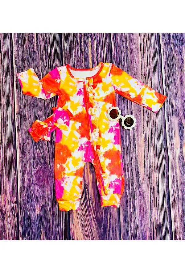 LC009 Orange & yellow tie dye baby romper w/matching headband