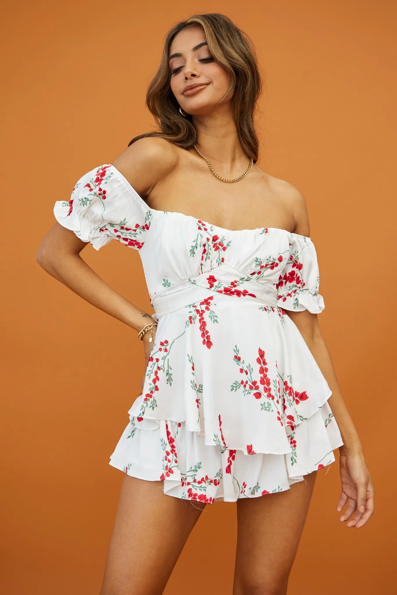 Linka Off-Shoulder Tie Back Romper Floral Spring Print White