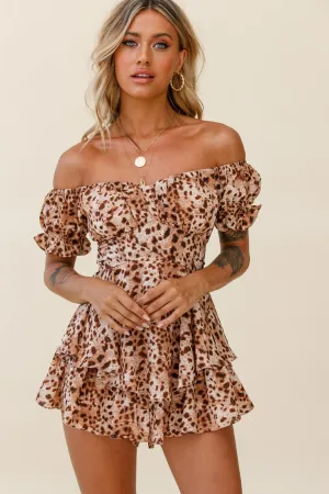 Linka Off-Shoulder Tie Back Romper Leopard Print Brown