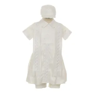 Little Boys White Silk Cross Embroidered Hat Stole Baptism Romper 2-3T