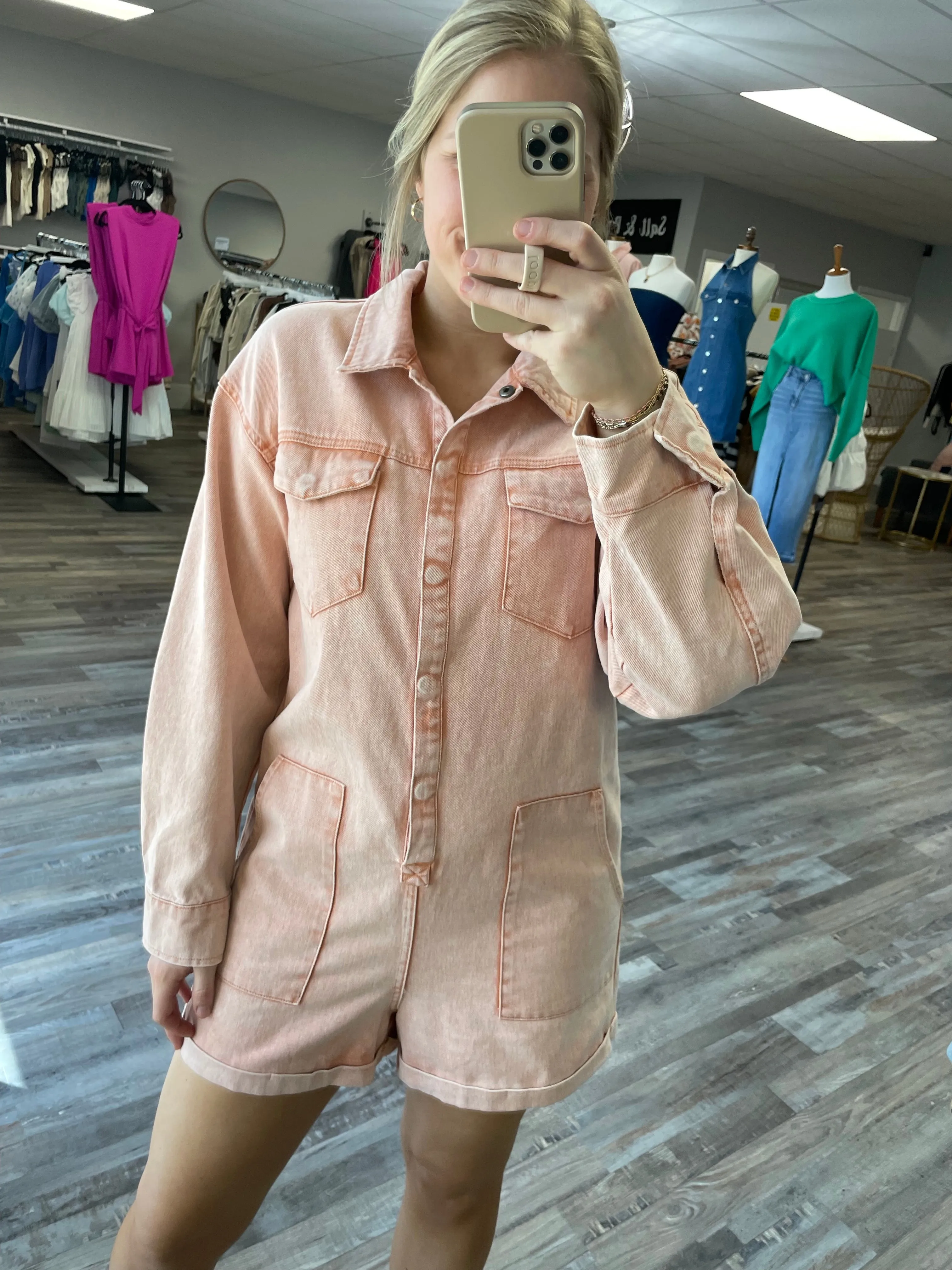 Long Sleeve Collared Cargo Romper - Peach