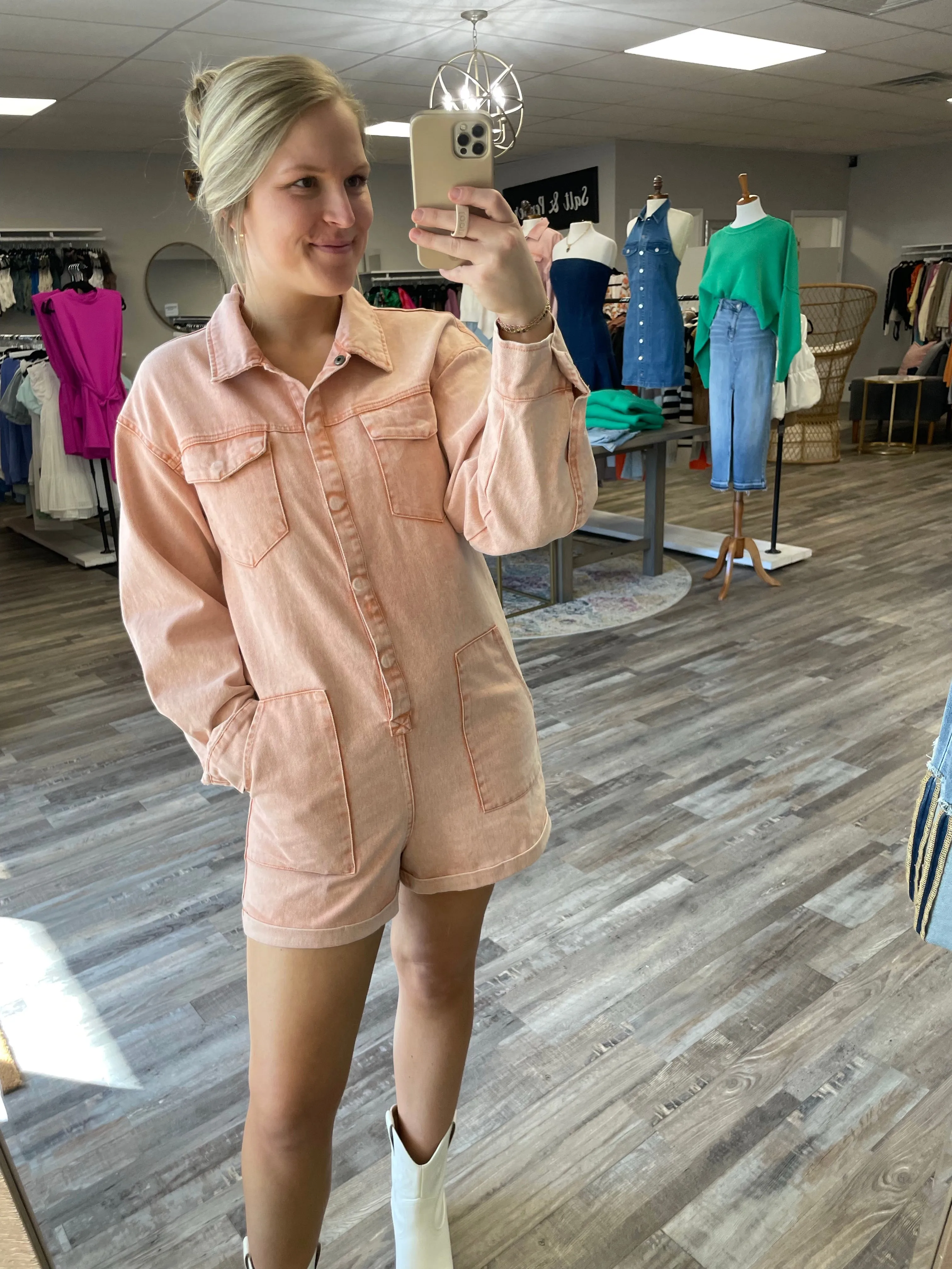 Long Sleeve Collared Cargo Romper - Peach