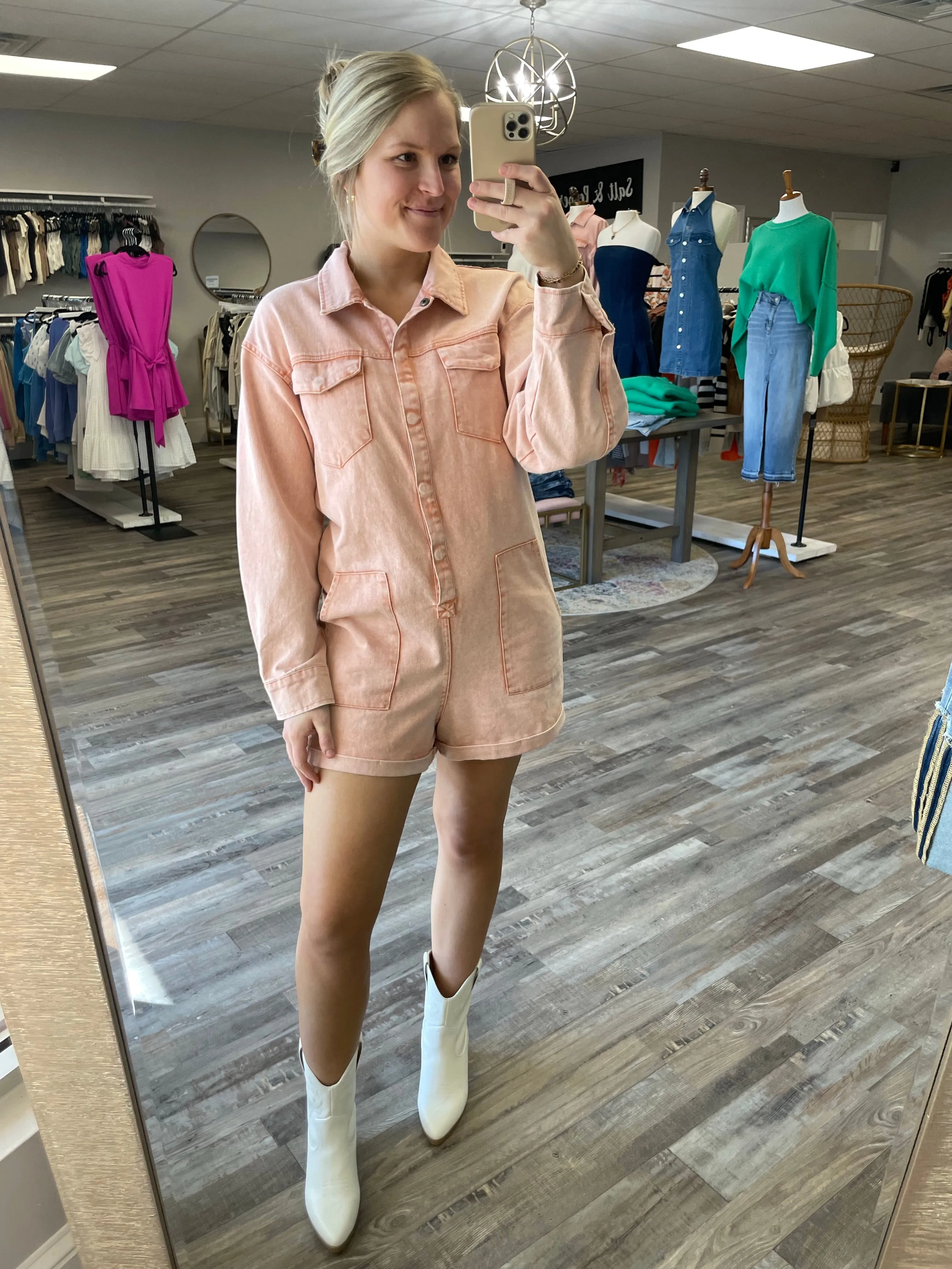 Long Sleeve Collared Cargo Romper - Peach