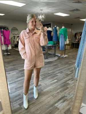 Long Sleeve Collared Cargo Romper - Peach