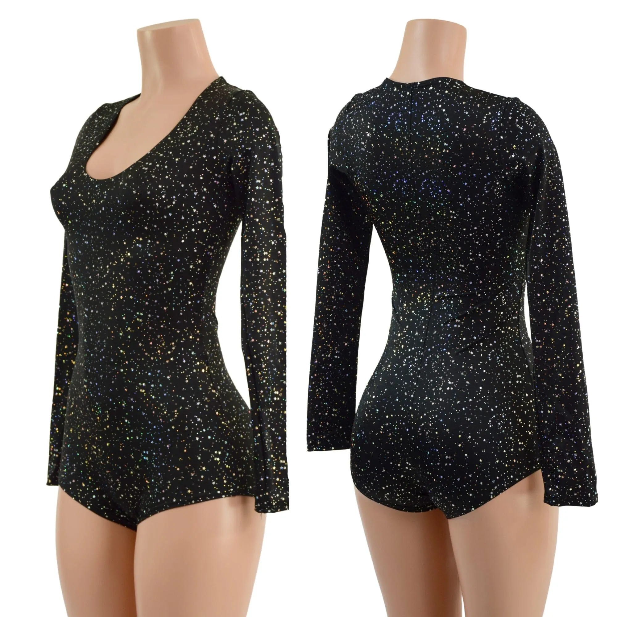 Long Sleeve Star Noir Romper with Scoop Neck and Boy Cut Leg